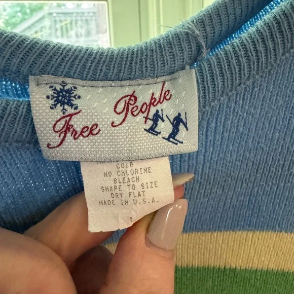 Free People Blue Sweater with Green and Yellow Stripes Vintage size L